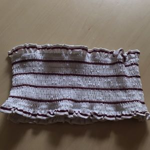 maroon and white bandeu bathing suit top